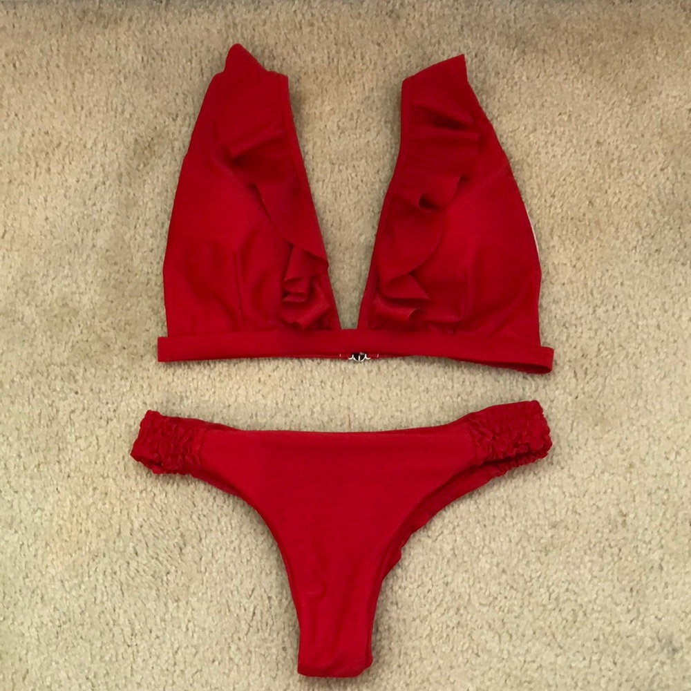 Red fringe bikini set